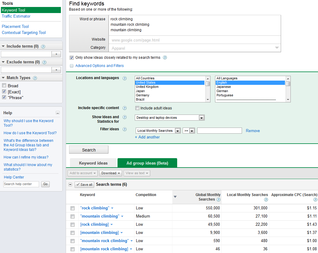 Google Keywords Tool